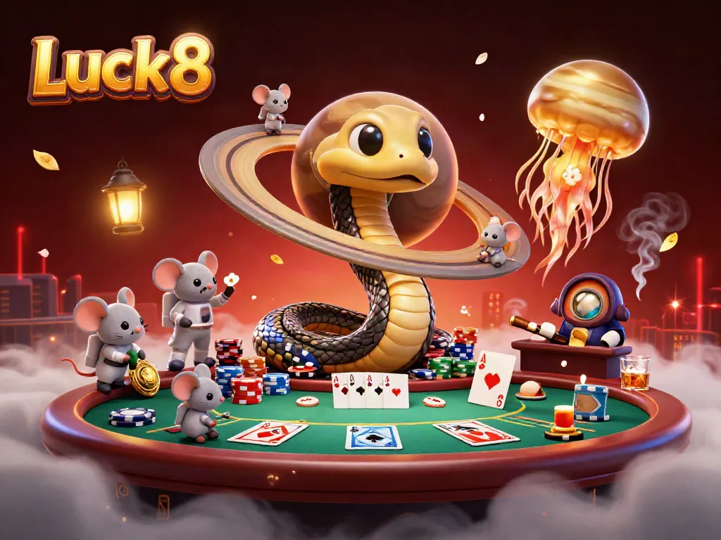 Place bets at Luck8 with cartoon snakes and astronaut mice on a cosmic roulette scene!