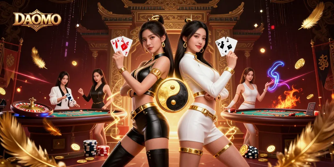 Experience thrilling gameplay at DAOMO with twin Asian women card players showcases high-stakes tension and glamorous casino elements.