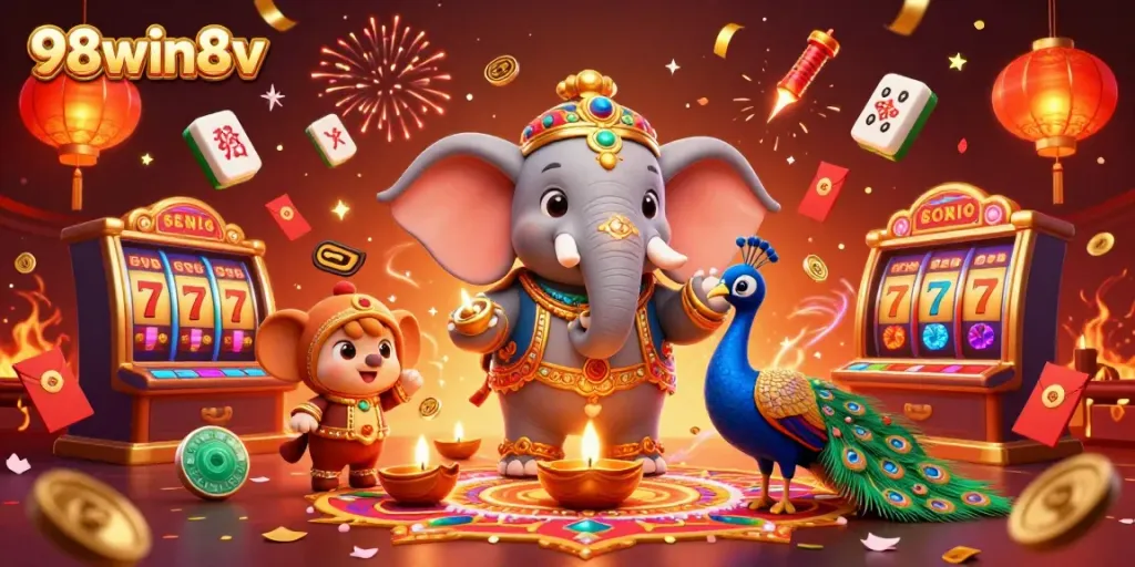 Join the excitement at 98win8v with a vibrant casino-themed scene featuring joyful characters and celebratory elements.