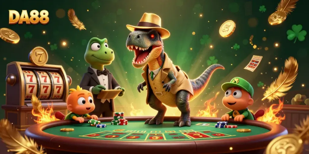 Engaging DA88 casino scene with a velociraptor card counter at a blackjack table, showcasing action and excitement.