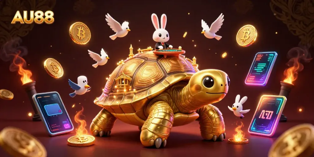 Experience the thrilling AU88 casino adventure with a vivid scene of excitement, golden coins, and immersive gaming features.