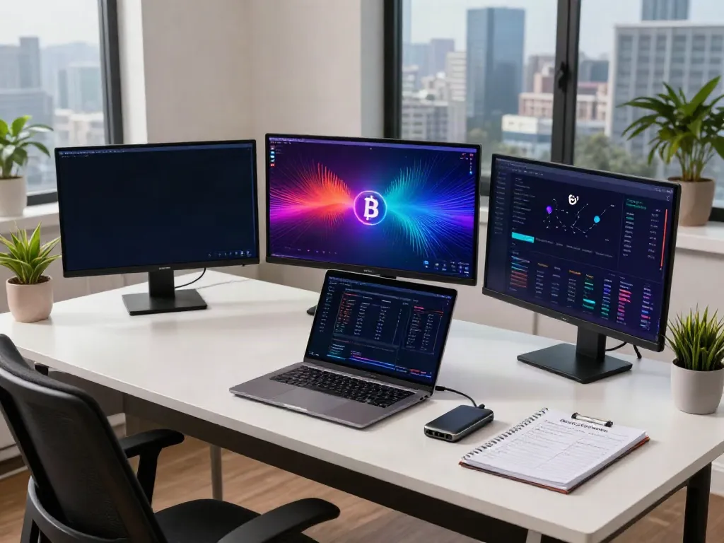 Main crypto channel workspace featuring multiple monitors showing cryptocurrency trading data, reflecting innovation and professional trading strategies.