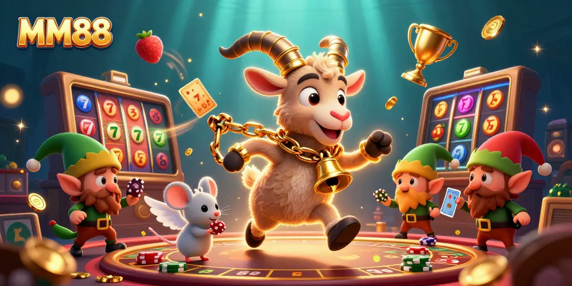 Bet on thrilling games at MM88 with the Krampus goat and mischievous characters in a dynamic casino scene.
