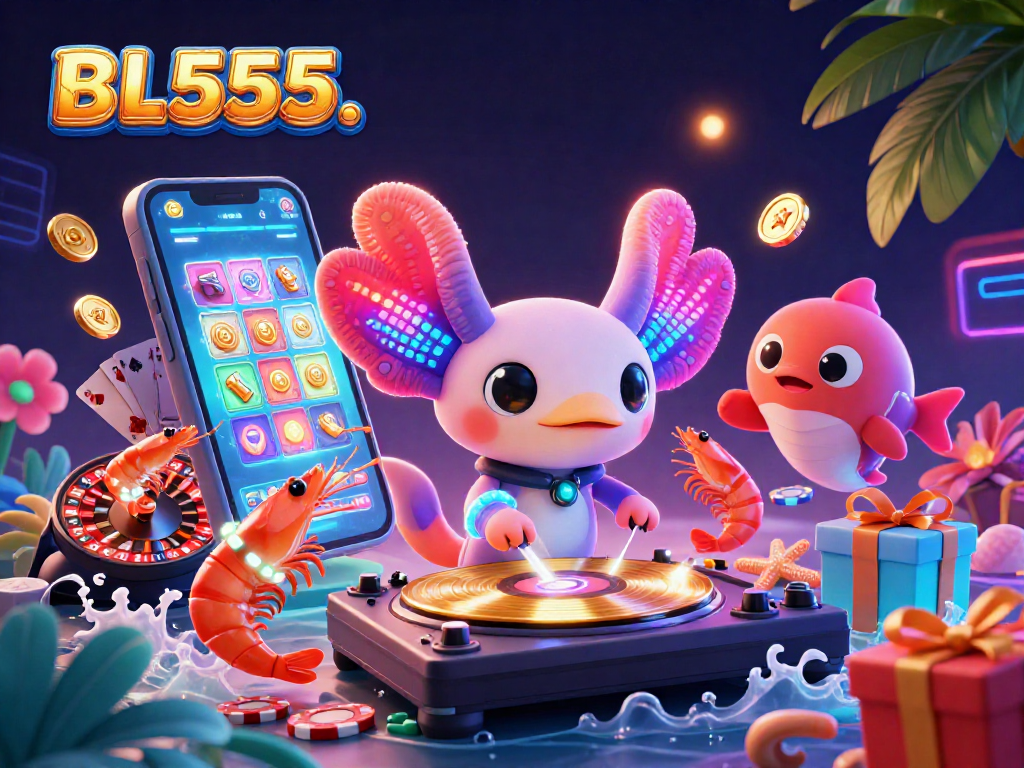Join the fun at BL555 with a vibrant DJ axolotl spinning golden records while shrimp dance!