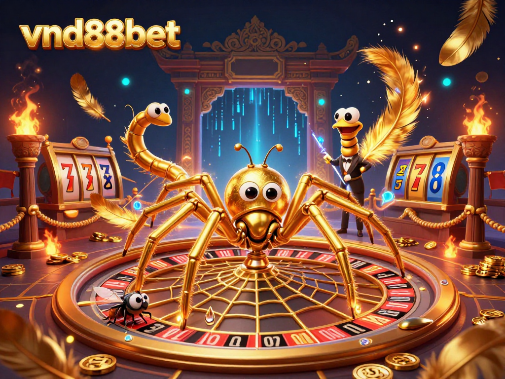 vnd88bet - Nervous fly places bets near a golden roulette web, expertly spun by a centipede croupier.