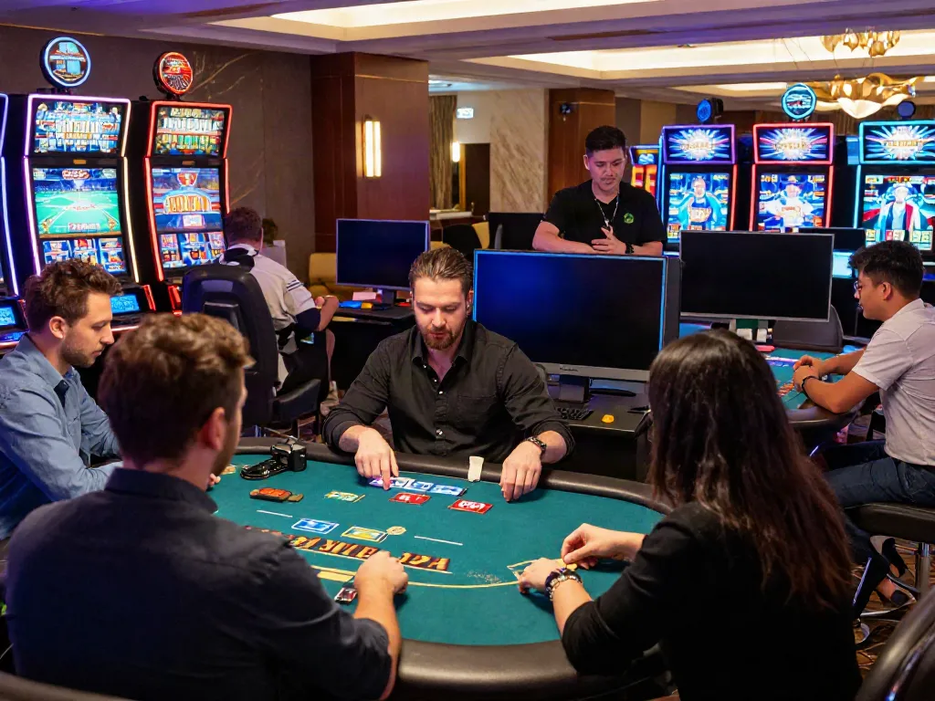 Exciting FB88 online casino scene with diverse players winning at tables.