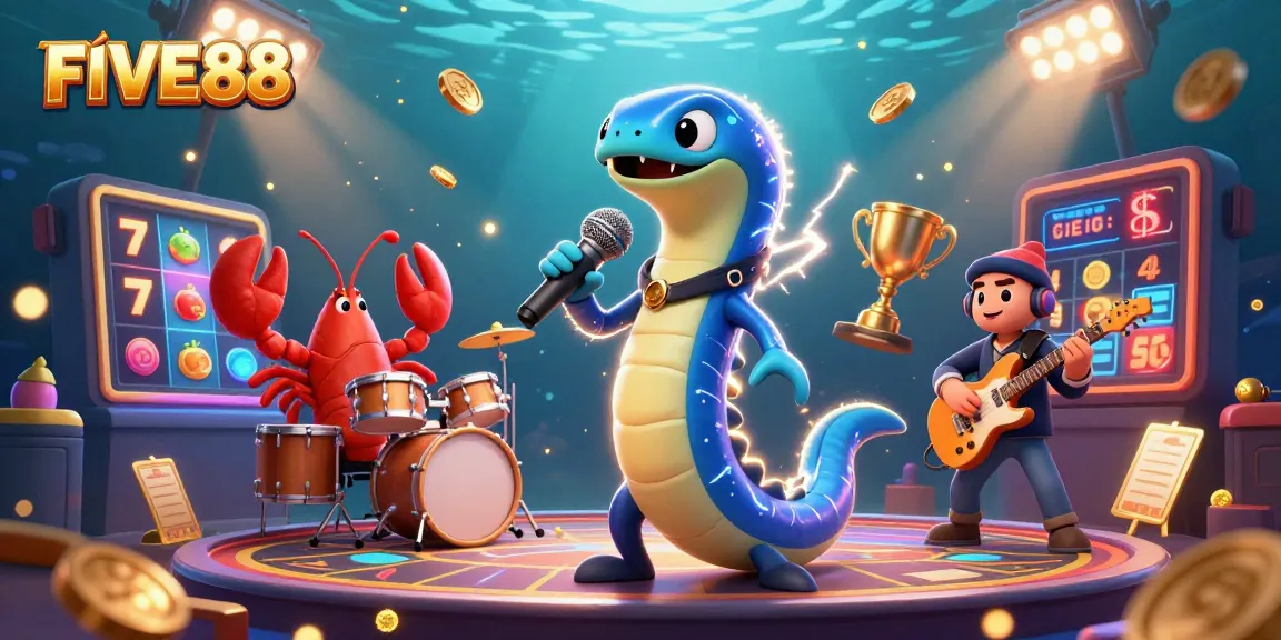 Experience the energy of FIVE88 with a vibrant underwater casino scene featuring animated characters and gaming elements.