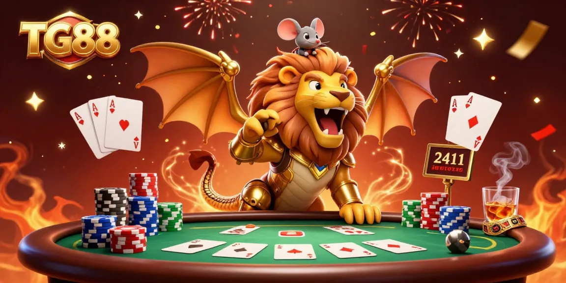 Experience thrilling gameplay with TG88's exciting poker scene featuring a roaring chimera and vibrant casino elements.