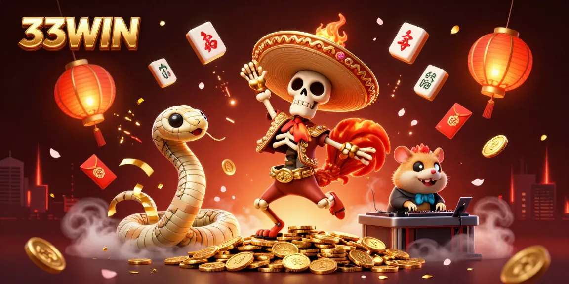 Join the excitement at 33WIN with vibrant characters celebrating casino wins amidst festive decorations.