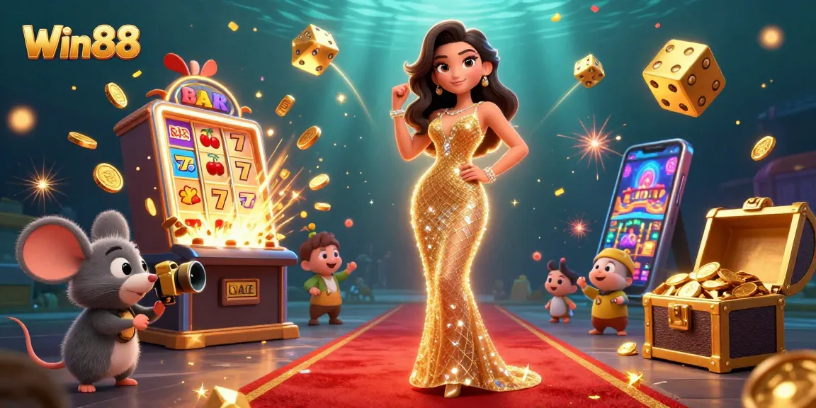 Win88 showcases a glamorous 3D scene of casino excitement with a jackpot slot machine surrounded by dazzling elements.