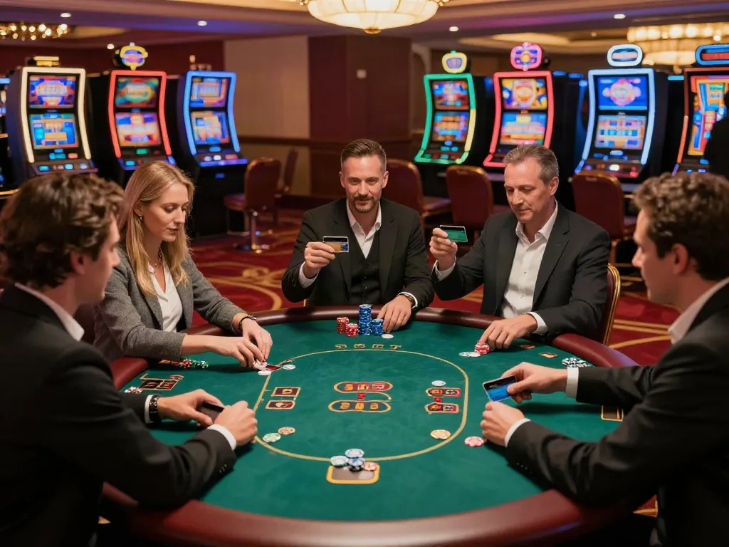 Players at online casinos that accept credit card, enjoying vibrant gaming tables with excitement.