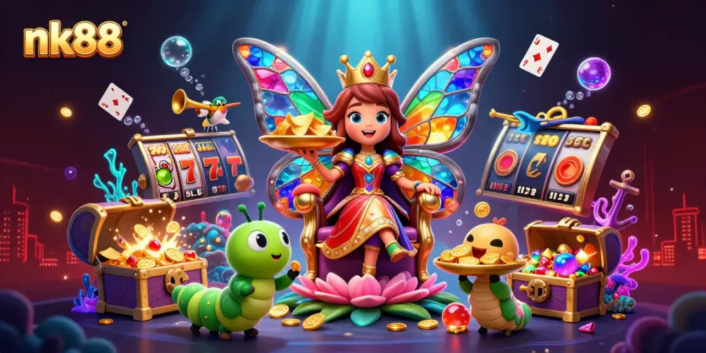 Engage with nk88's vibrant casino adventure featuring a butterfly queen and slot games.