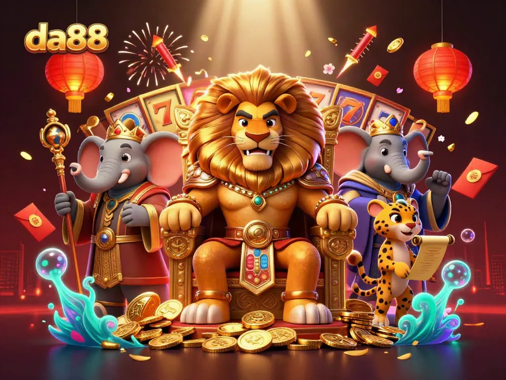 Win big with da88 in a vibrant casino scene featuring a lion king, elephant, and cheetah.