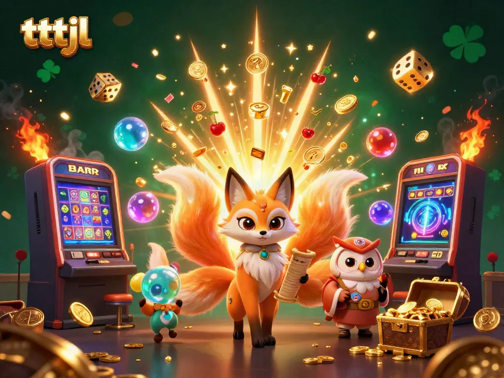 Experience the tttjl gaming thrill with dynamic characters and slot jackpots in this vivid 3D illustration.