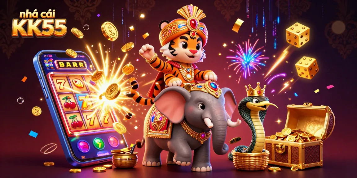 Experience exciting wins at nhà cái KK55 with a vibrant 3D casino scene featuring a dynamic jackpot and colorful games.