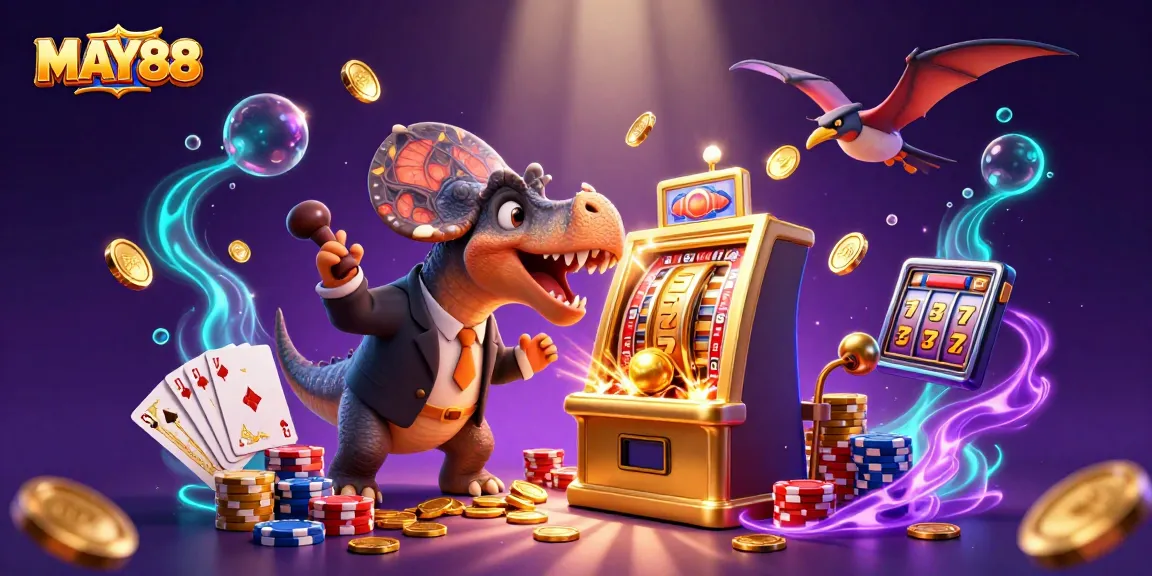 MAY88 captures winning moments as a pachycephalosaurus triggers a jackpot in a casino scene.