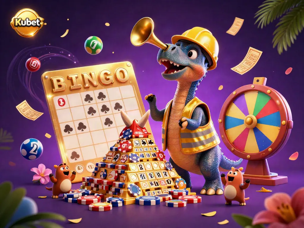 Kubet offers excitement as a triceratops builds poker chip pyramid amid energetic visuals.