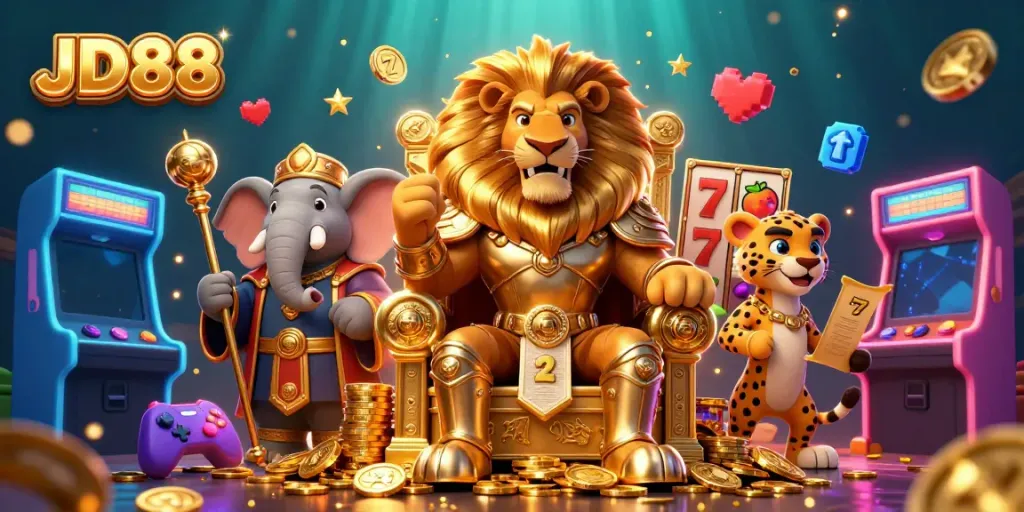 Engage in high-stakes gaming with JD88, a majestic lion king guarding gold coins and slot reels.
