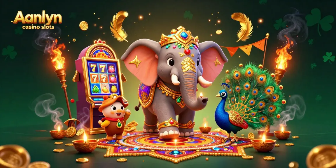 Aanlyn casino slots features a 3D cartoon elephant with a peacock, surrounded by slot elements and golden tokens.