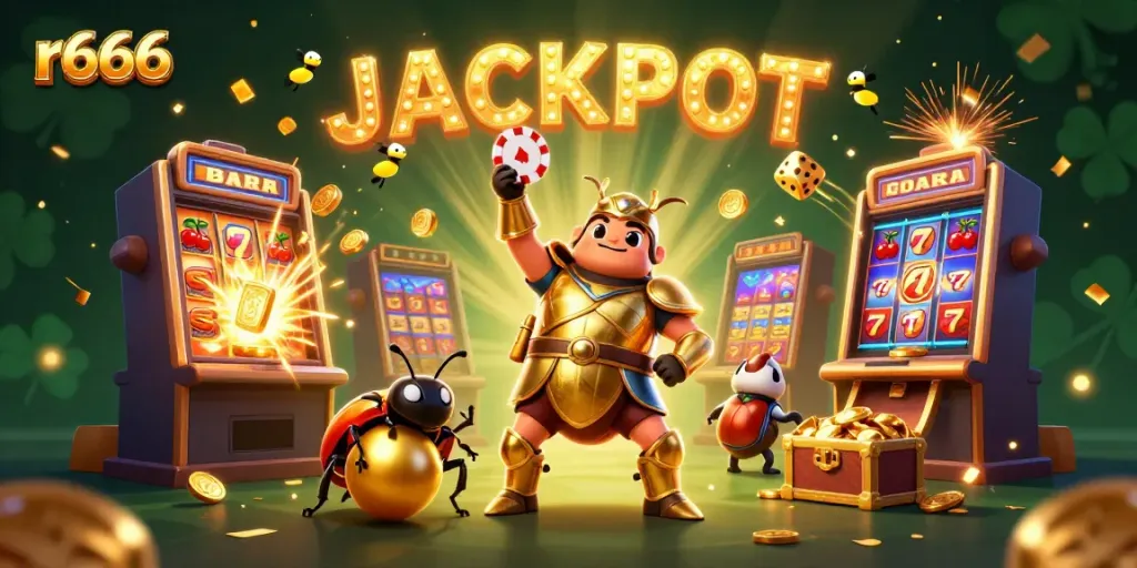 Celebrate big wins with r666's animated jackpot scene featuring vibrant casino elements and lively characters.