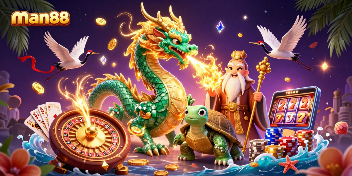 Engage with man88's vibrant casino world featuring a jade dragon, turtle sage, and lucky cranes.