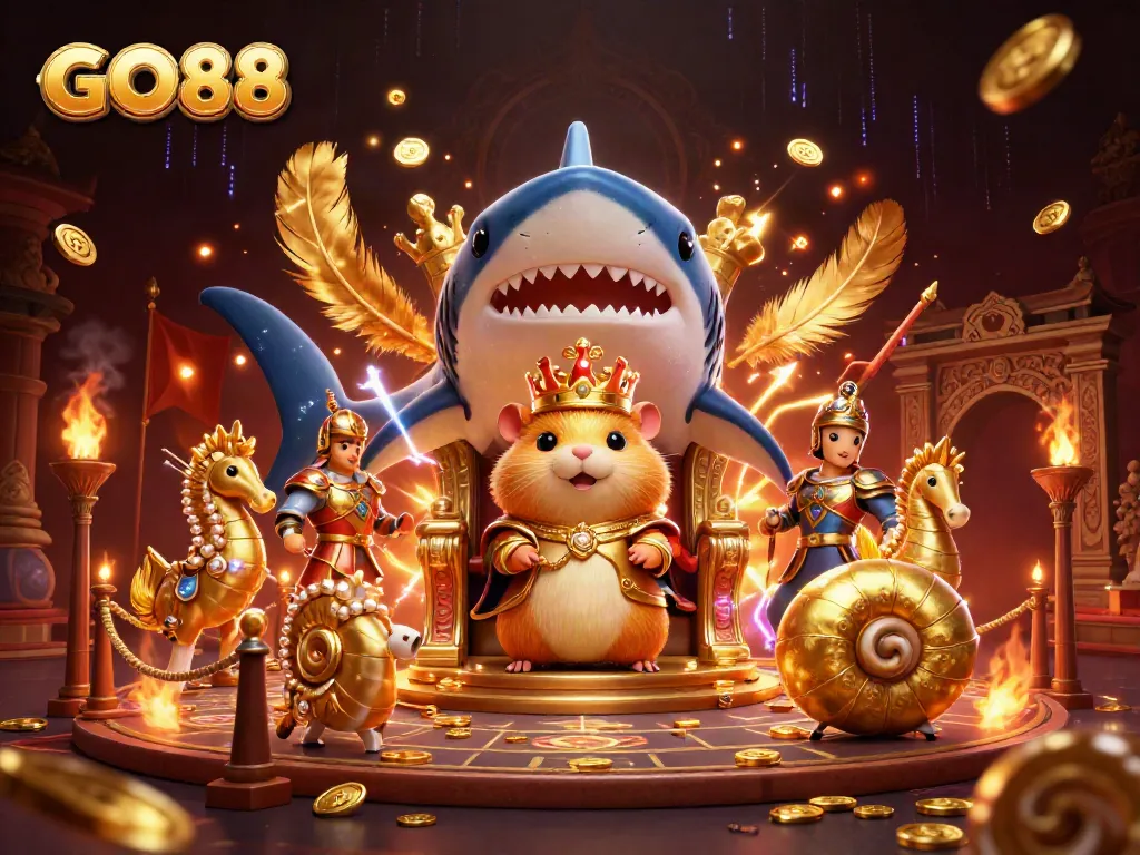 Experience thrilling GO88 gaming with an electric scene of a golden hamster king and treasures.