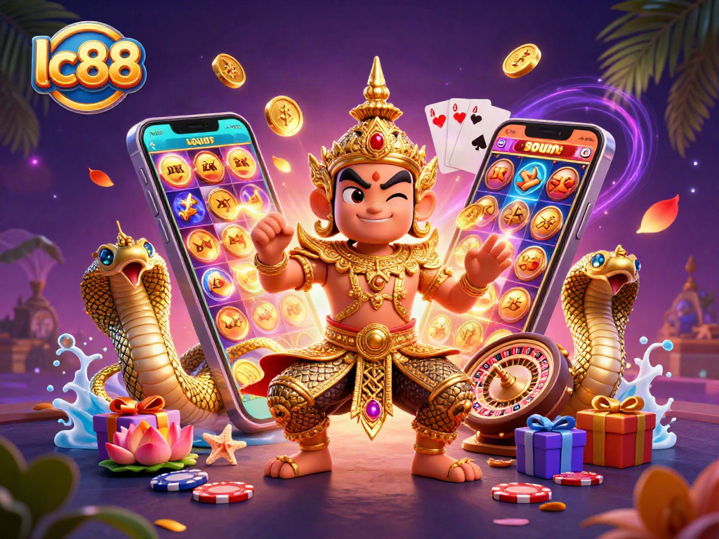 Experience exciting spins with lc88's vibrant slot game in a magical Asian-themed casino scene.
