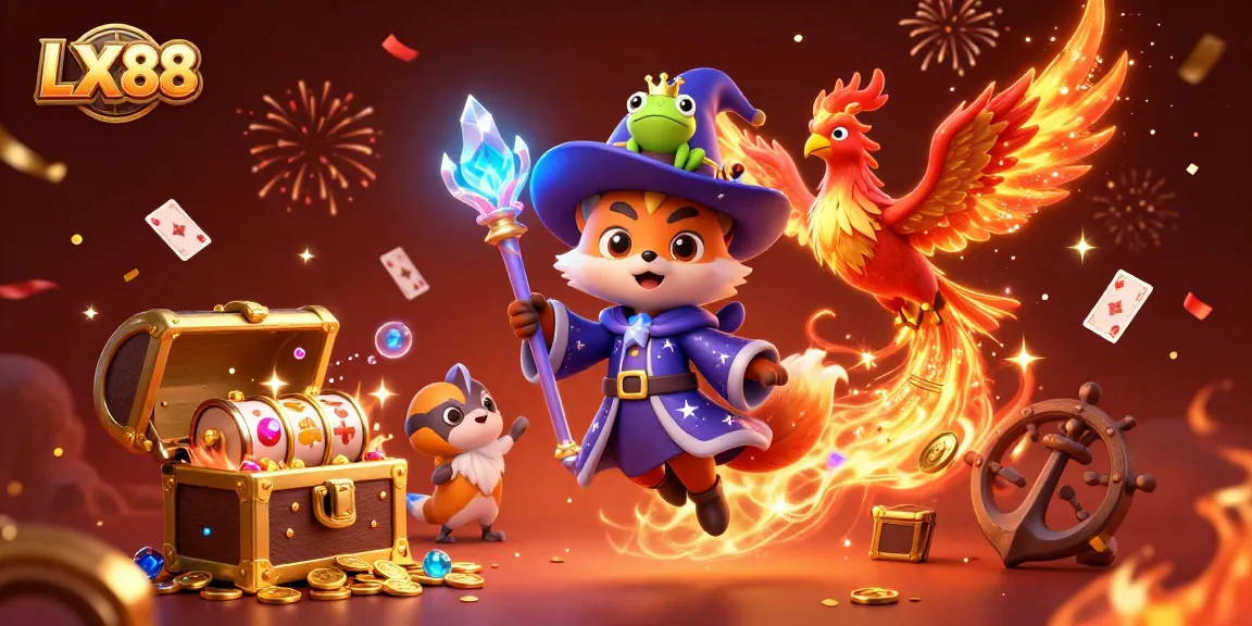 LX88 themed slot game scene featuring a mystical wizard fox and phoenix, with vibrant gaming elements.