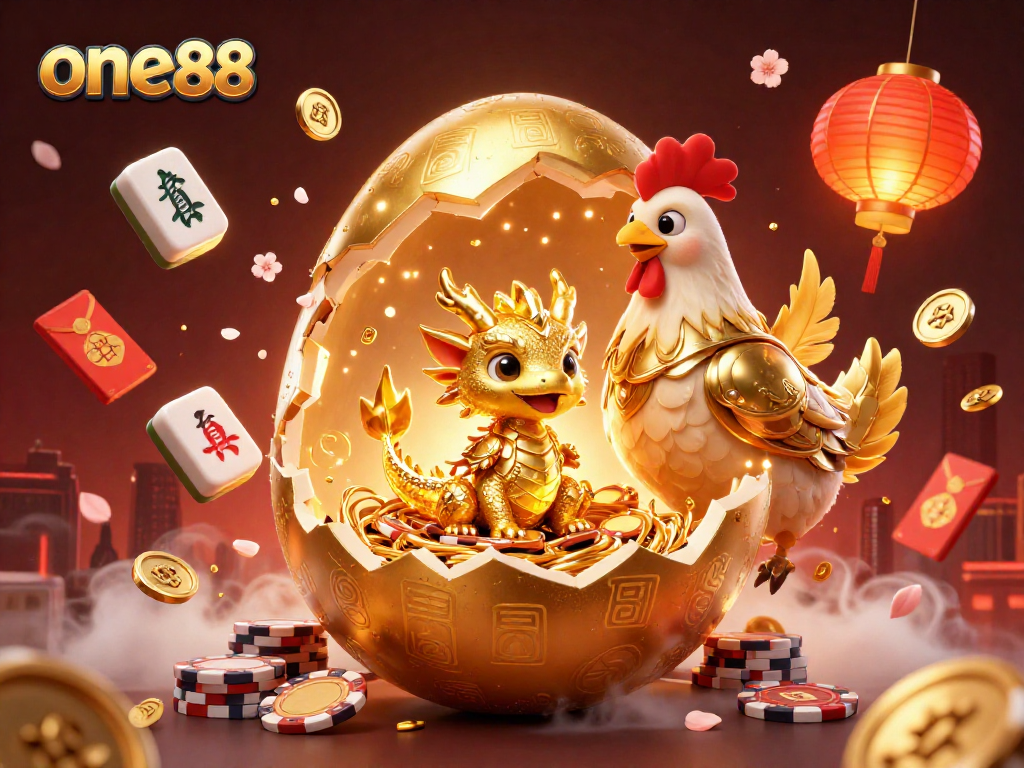 Engage with thrilling games at one88, witnessing a crystal gold dragon unfold amidst vibrant casino elements.