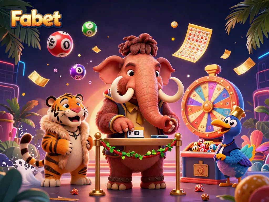 A vibrant 3D scene showcasing Fabet with a woolly mammoth bouncer, a VIP saber-tooth tiger, and a dodo doorman, surrounded by dynamic lottery elements.