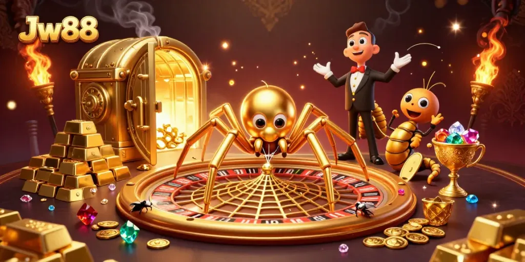 Engage with Jw88's electrifying casino scene featuring a golden spider and a flying bet-maker.