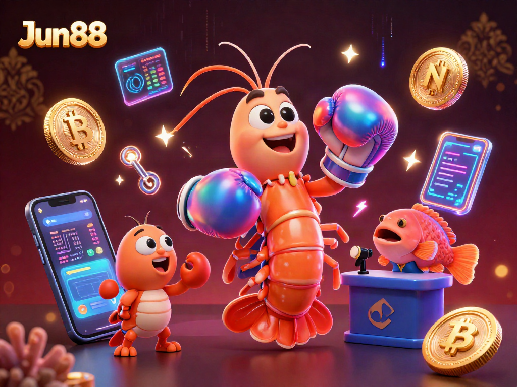 Engage with Jun88's vibrant casino atmosphere featuring cryptocurrency elements and dynamic characters.