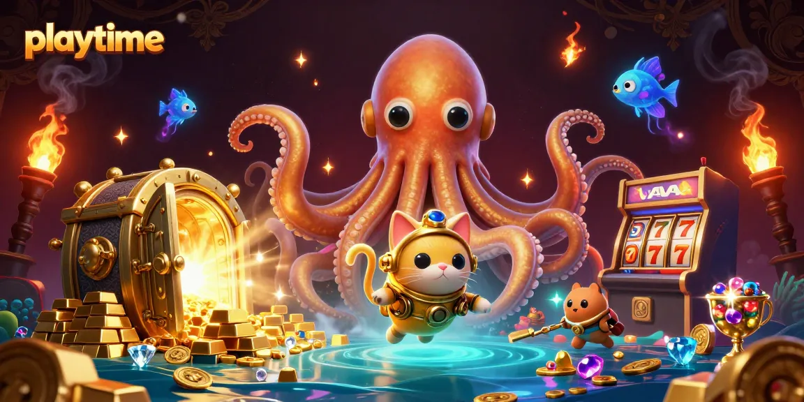 Experience immersive playtime with a colossal kraken, diving cat, and treasures bursting in luxurious gold.