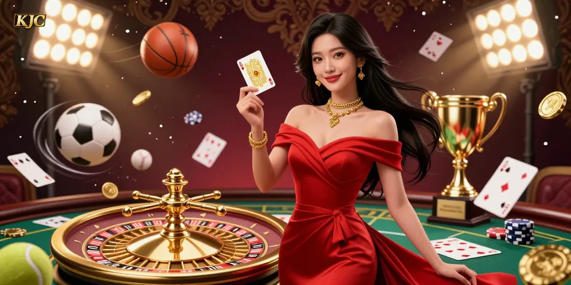 KJC showcases a captivating young Asian woman elegantly holding a golden playing card beside a roulette wheel, embodying the thrill of online gambling.