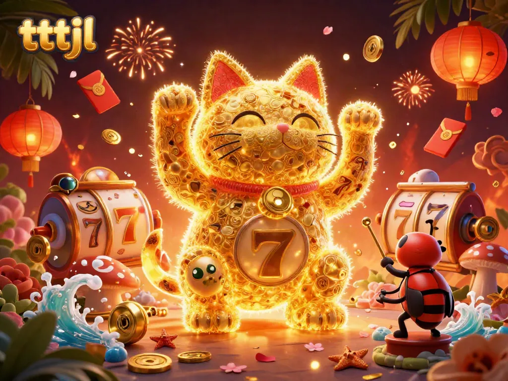 Engage with tttjl, a vibrant 3D lucky cat scene celebrating casino spirit with lively elements.