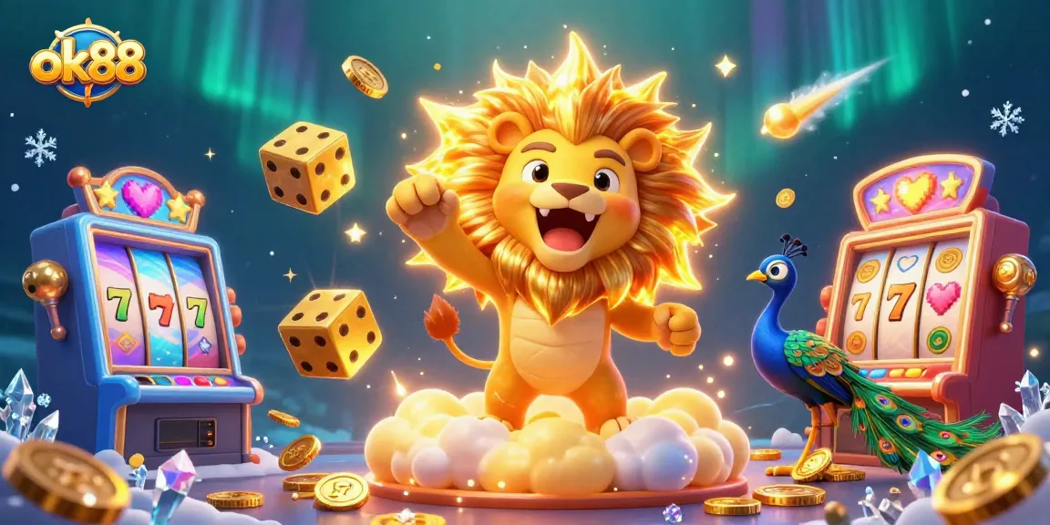 Experience the excitement of ok88 with a lively casino scene featuring vibrant slot elements and a roaring sun lion.