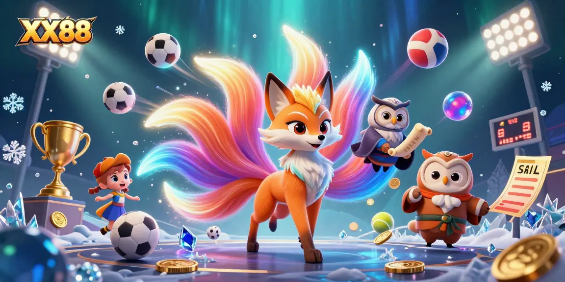 Engage with the vibrant world of XX88, featuring a glowing nine-tailed fox spirit and dynamic sports elements.
