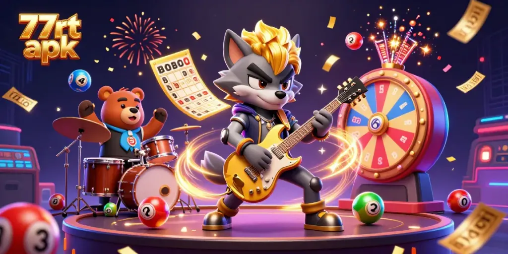 Experience the thrill of 77rt apk with vibrant gaming elements and lively characters on a dynamic stage.