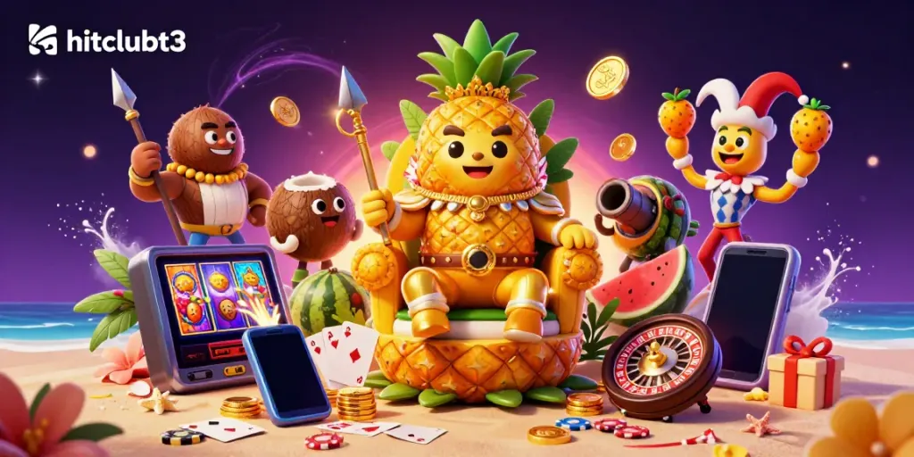 Join the excitement of hitclubt3 with the golden pineapple king in a vibrant beach casino scene filled with games and rewards.