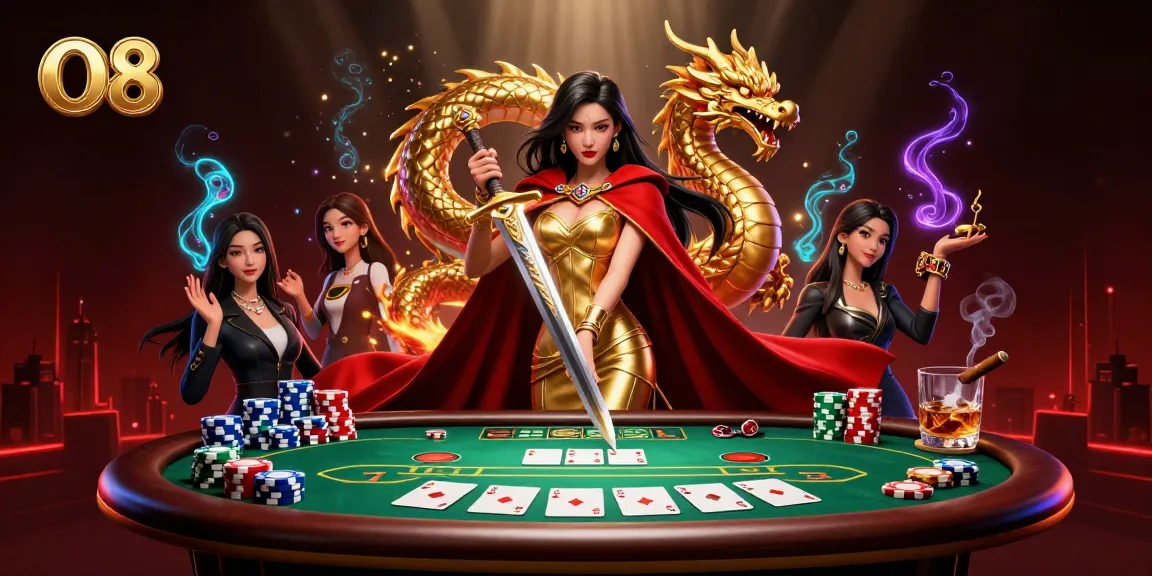 Experience the thrill at O8 casino with a warrior queen, poker chips, and dynamic gameplay.