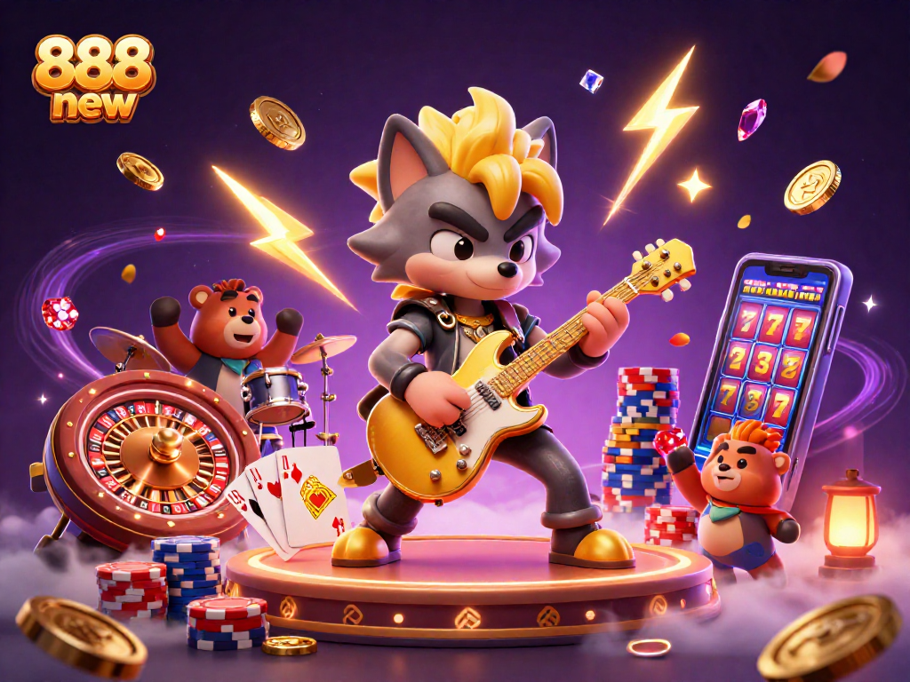 Experience the excitement of 888 new with a rock star wolf and lively casino scenes.
