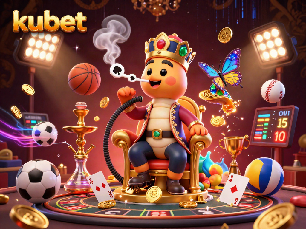 Kubet features an energetic casino scene with a whimsical caterpillar and live casino elements.