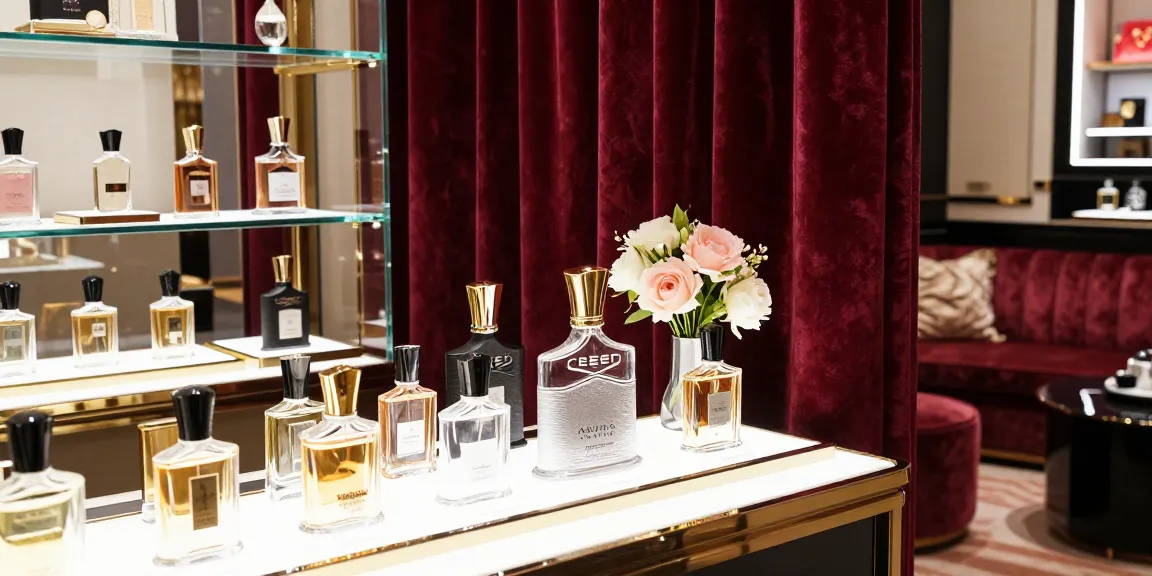 Fragrance display featuring Creed Aventus among luxurious perfume samples, showcasing elegance and sophistication.