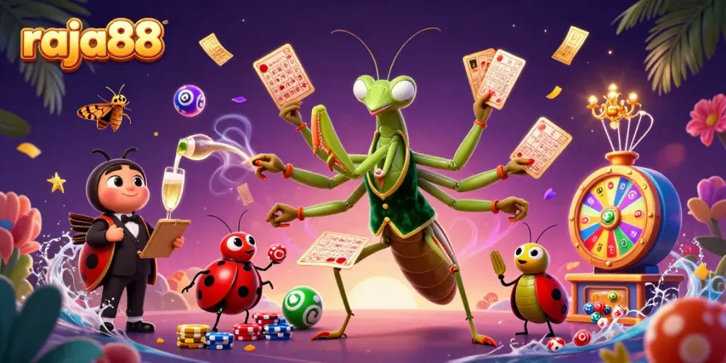 raja88 showcases a vibrant party atmosphere with characters delighting in casino games, surrounded by flying lottery balls.