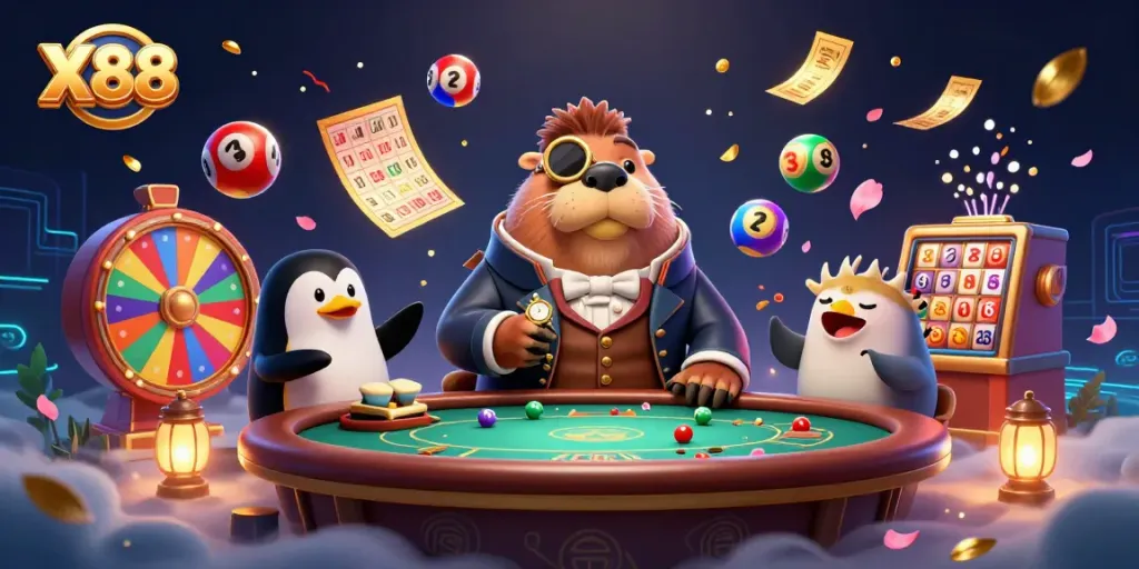 X88 players enjoy an underwater poker match with vibrant lottery balls and dynamic prize elements.