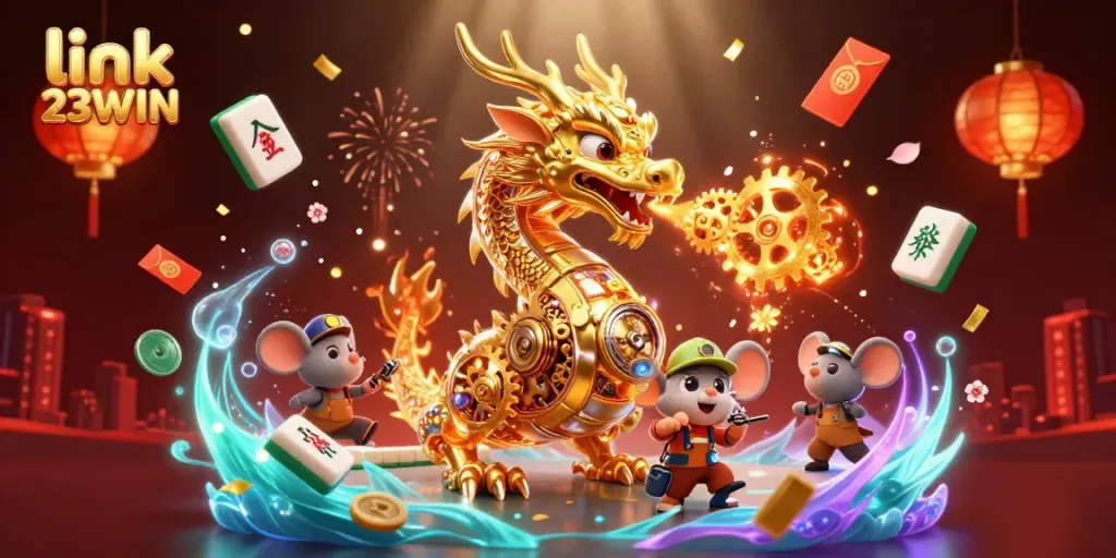 Engage with link 23WIN featuring a golden biomechanical dragon in a vibrant casino scene with festive elements.