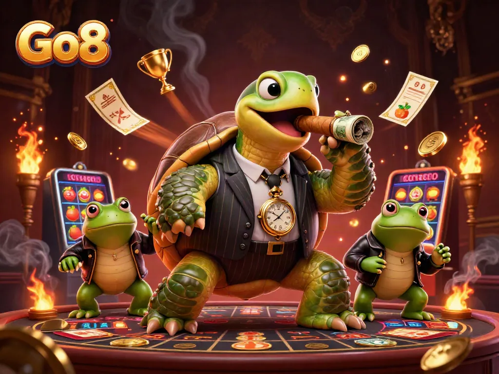Engage at Go8 with a vibrant casino scene featuring a turtle mobster and frog enforcers amidst slot elements.