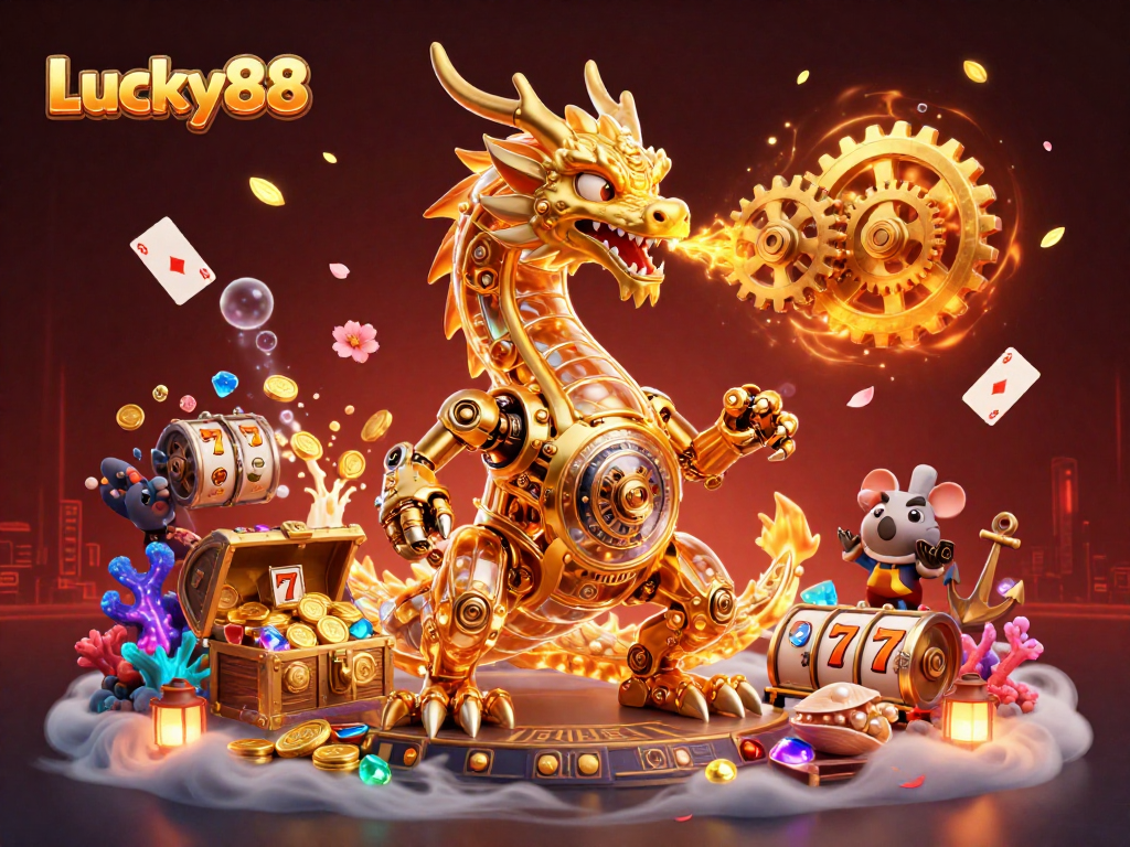 Engage with Lucky88's vibrant casino scene featuring slot reels and spinning treasures.