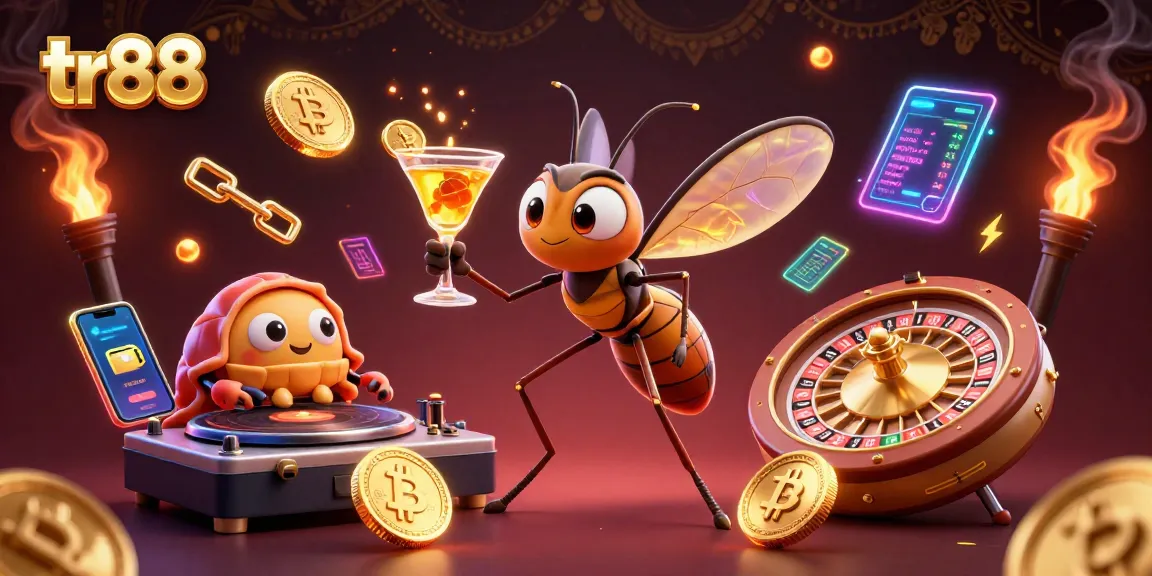 Experience the thrill of tr88 casino action with a lively 3D illustration of a frozen mosquito mascot and trilobite DJ.