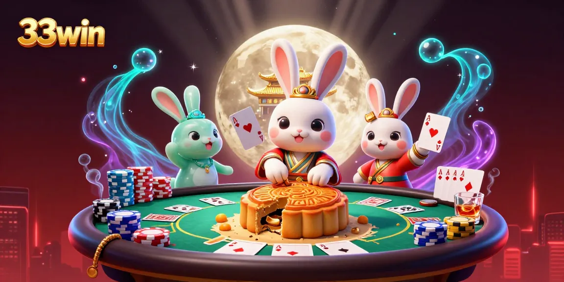 33win showcases a vibrant lunar scene where a moon rabbit interacts with poker elements, enhancing casino excitement.